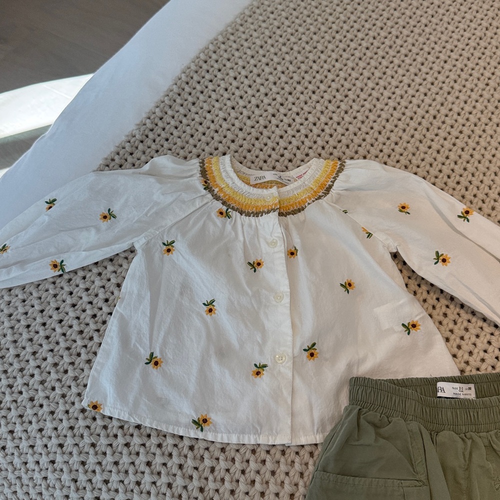 Zara Toddler Set White Shirt with Yellow Floral Embroidery and green cargo pants